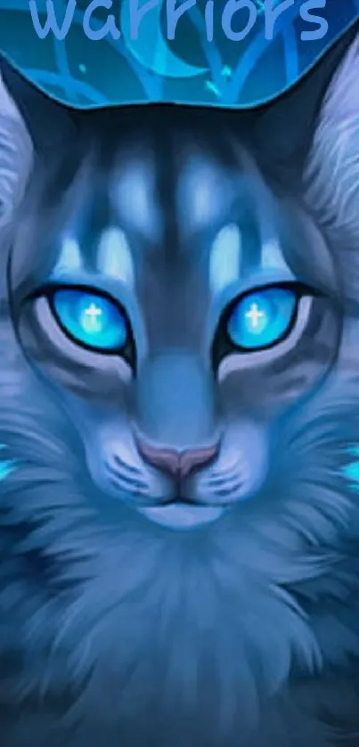 Mystical cat with glowing blue eyes on a fantasy-themed mobile wallpaper.