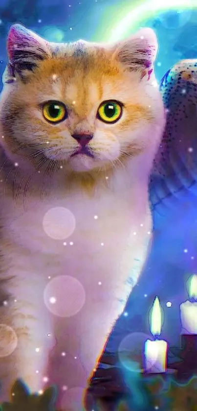 Mystical cat with angel wings glowing in fantasy scene.