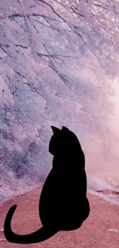 Silhouette of a cat on a frosty pink winter path.