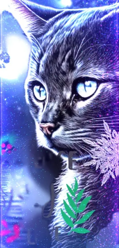 Mystical cat illustration in a winter scene with moon and snowflakes.