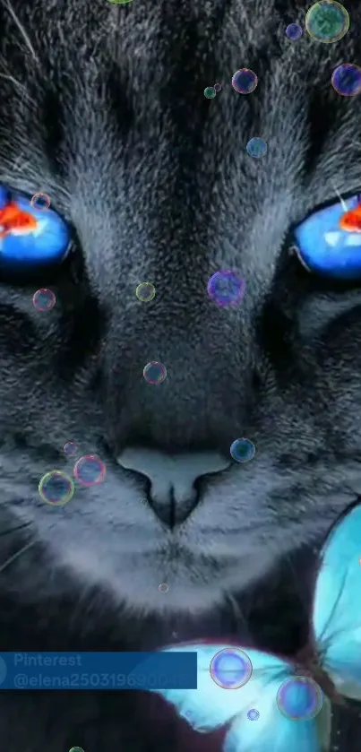 Close-up of a mystical cat with vivid blue eyes and a dreamy butterfly.