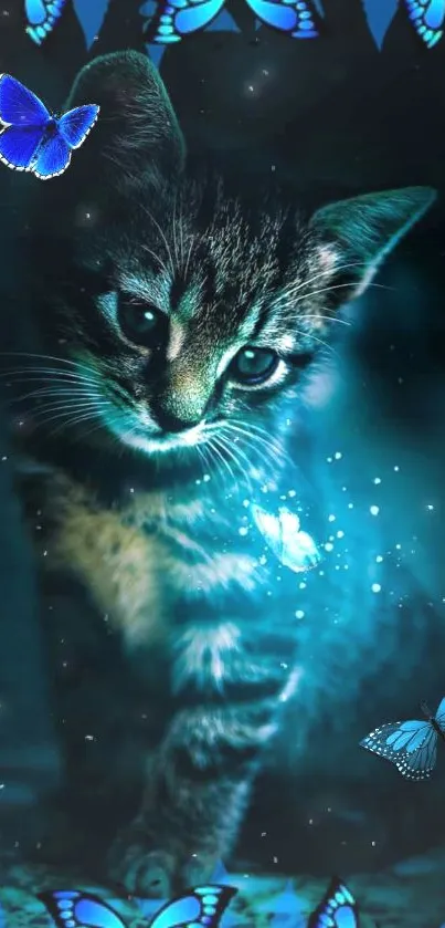 Mystical cat and butterflies glowing in the dark wallpaper.