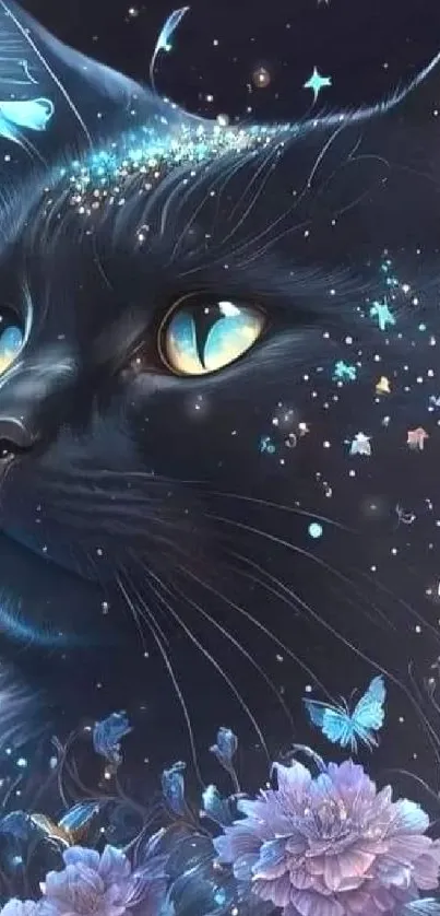 Mystical black cat with butterflies and stars in a dreamy scene.