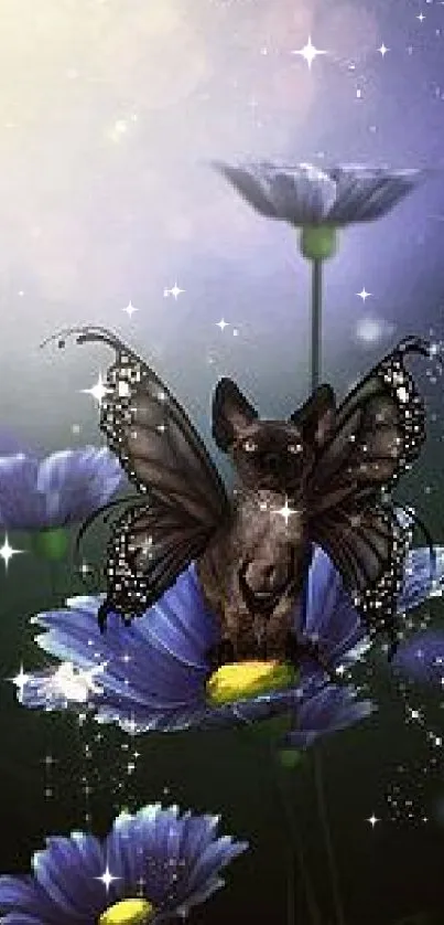 Mystical cat with butterfly wings surrounded by purple flowers.