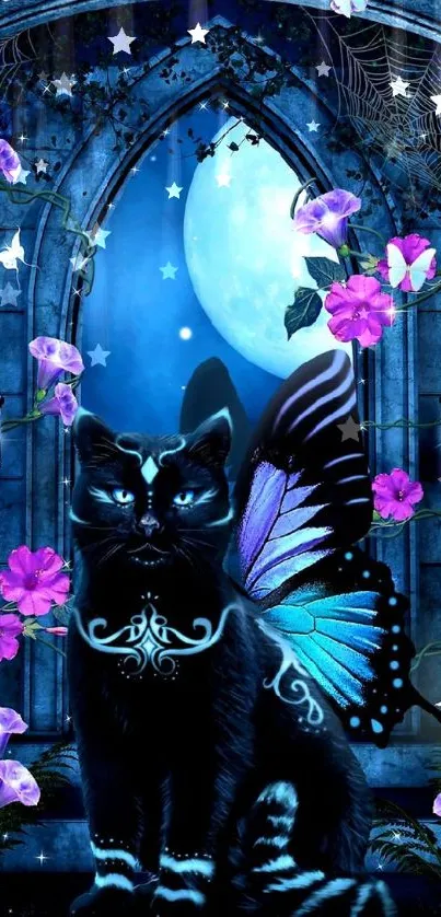 Mystical cat with butterfly wings in moonlit garden.