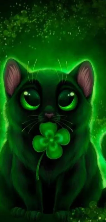 Mystical green cat with glowing clover in magical art wallpaper.