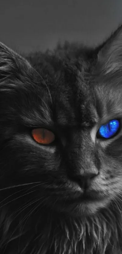 Dark cat with vibrant blue and orange eyes.