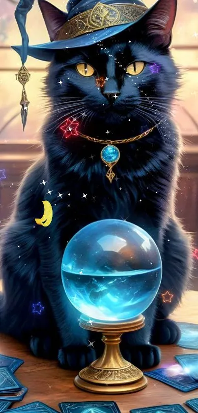 A mystical cat with a crystal ball and starry decorations, wearing a wizard's hat.