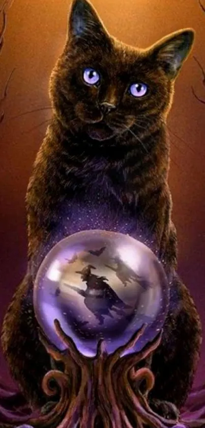 Black cat sitting with a glowing crystal ball and purple eyes.