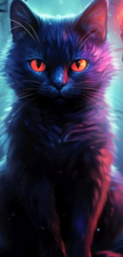 Mystical cat with fiery eyes and a magical staff in a fantasy forest.