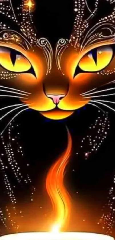 A mystical cat with glowing orange eyes and flames in digital artwork.