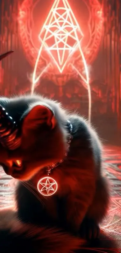 Mystical horned cat with glowing red sigil.