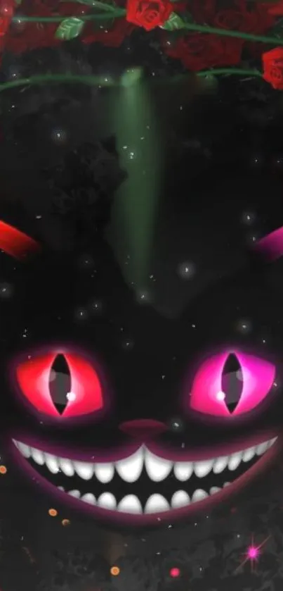 Mystical cat with neon eyes on dark background, floral accents