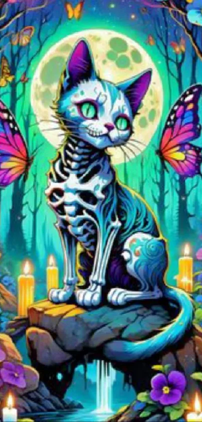 Mystical neon cat in a magical forest with butterflies, moon, and candles.