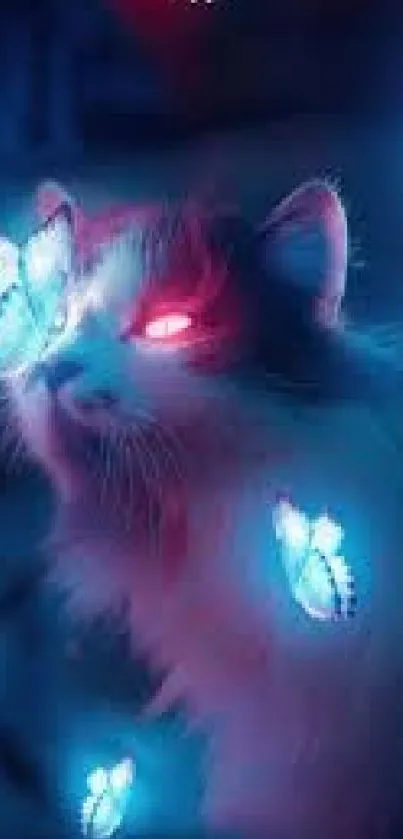 A mystical cat with neon butterflies glowing around it on a mobile wallpaper.