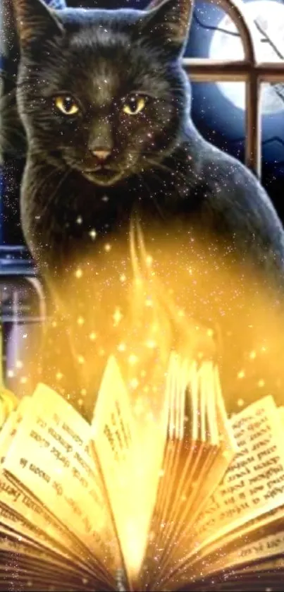 A black cat with a glowing book in a magical, moonlit room.