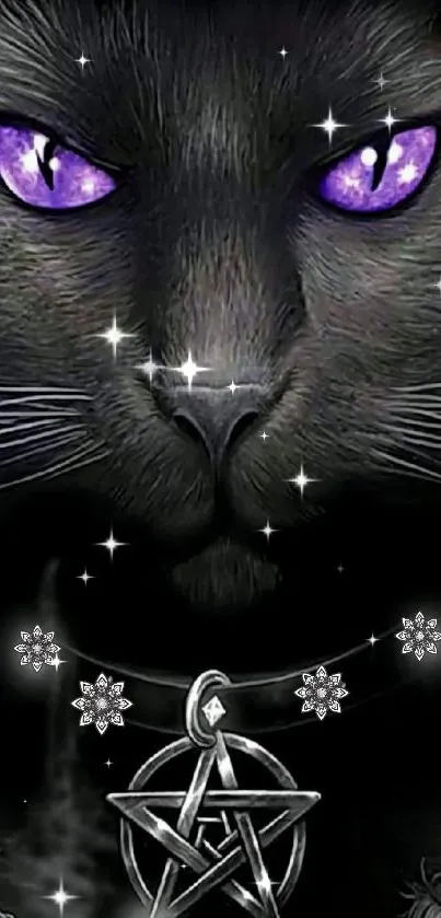 Mystical black cat with purple eyes and pentagram necklace, mobile wallpaper.