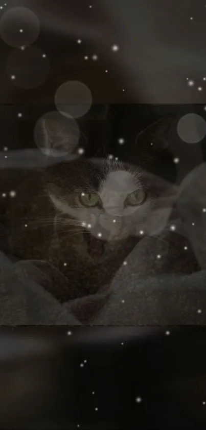 Mystical cat amidst sparkles in a dark themed wallpaper.