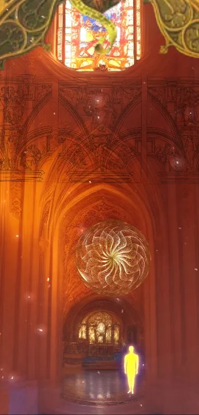 Mystical orange cathedral interior wallpaper with glowing sphere.