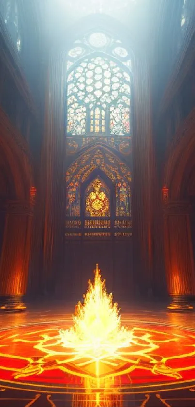 Mystical cathedral interior with glowing central light and stained glass windows.