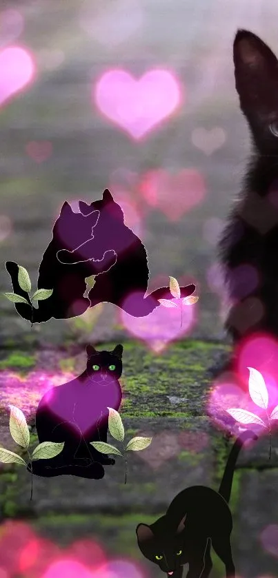 Black cats with pink hearts create a magical phone wallpaper.