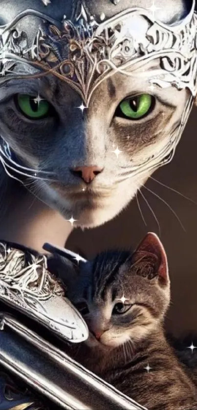 Fantasy cat in armor with green eyes.