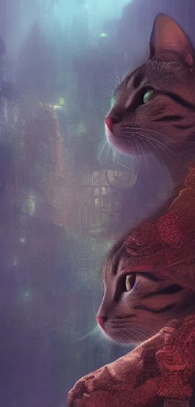 Two cats in a mystical cityscape with a purple-hued night sky.