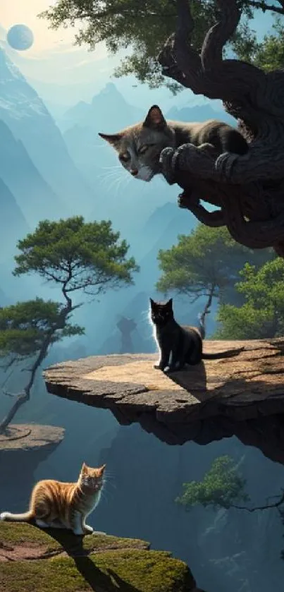 Cats on a mystical cliff with a stunning mountain view.