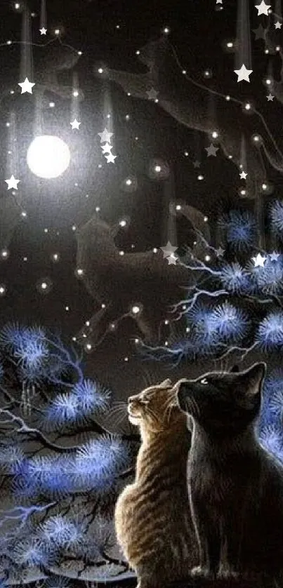 Mystical cats gaze at the moon in a starry night sky mobile wallpaper.