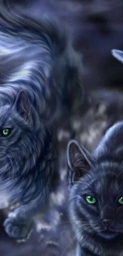 Mystical digital artwork featuring ethereal cats with glowing eyes in blue tones.