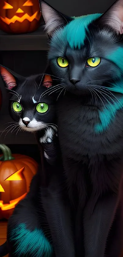 Black and teal cats with pumpkins in a Halloween setting.