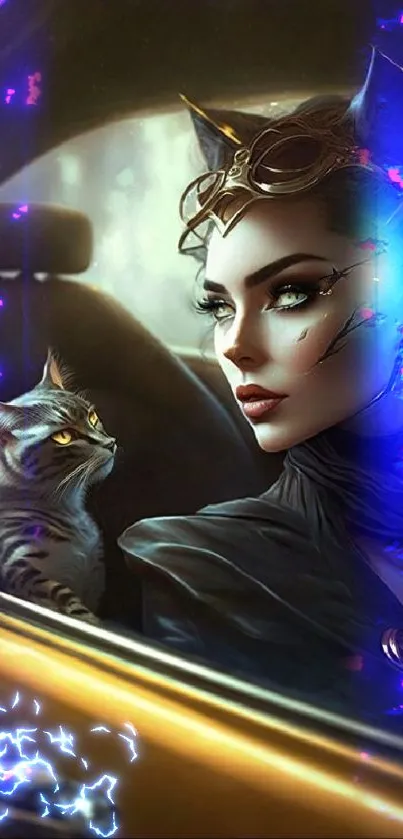 Mystical Catwoman with cat in car, fantasy artwork.