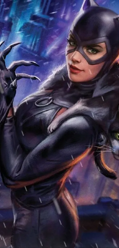 Mystical Catwoman art with cityscape background.