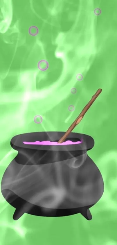 Mystical cauldron with green smoke design.