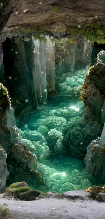 Mystical cave with emerald green waters creating a serene landscape.