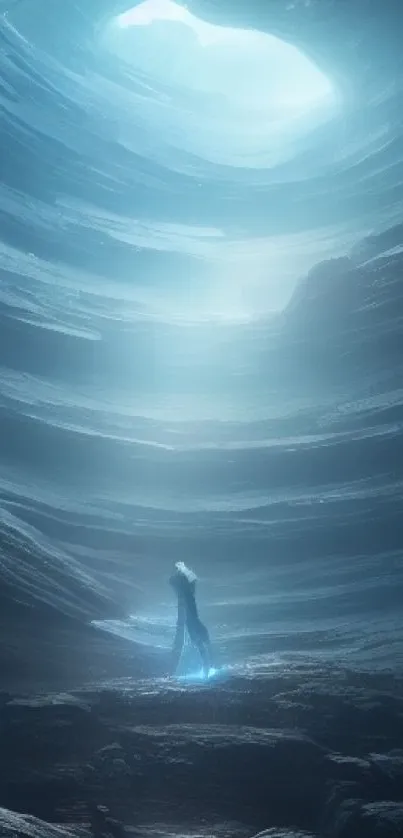 A mysterious cave with a lone figure bathed in ethereal blue light.