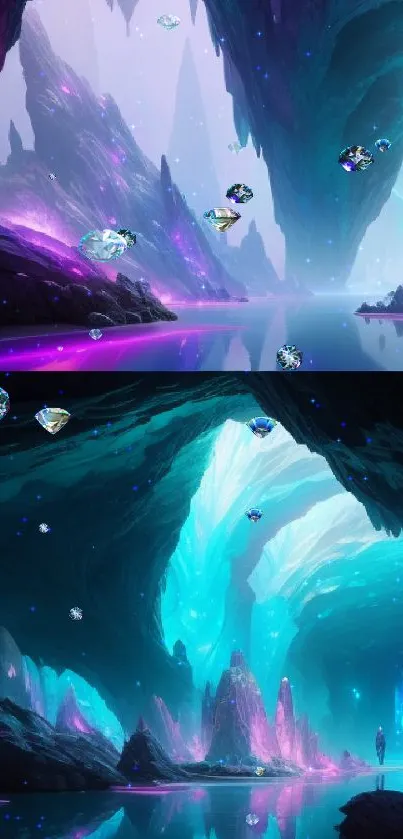 Mystical fantasy cave with neon blue and purple hues in a captivating design.