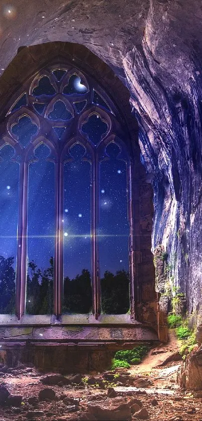 Person stands in a mystical cave with a cosmic window view at night.