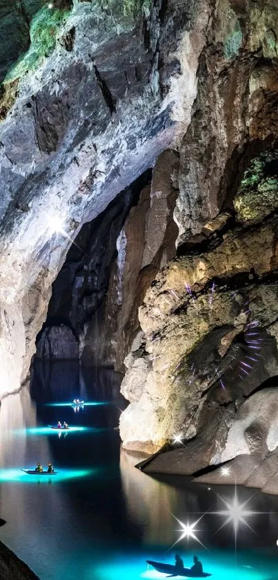 Kayaks illuminated in a serene, mystical cave.