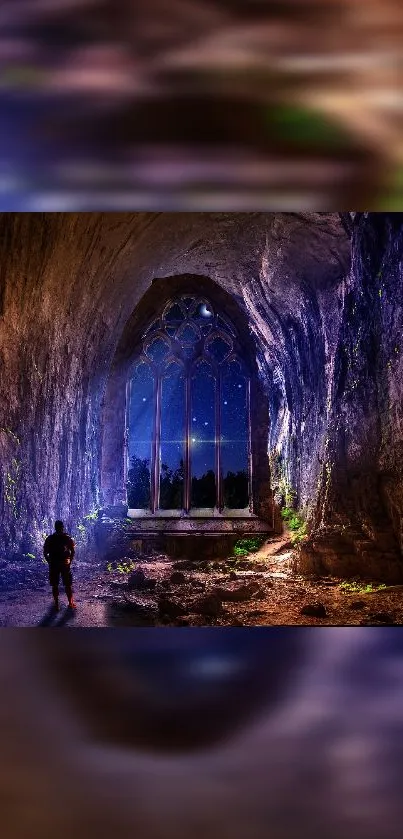 Person exploring an illuminated cave with a starry sky view.