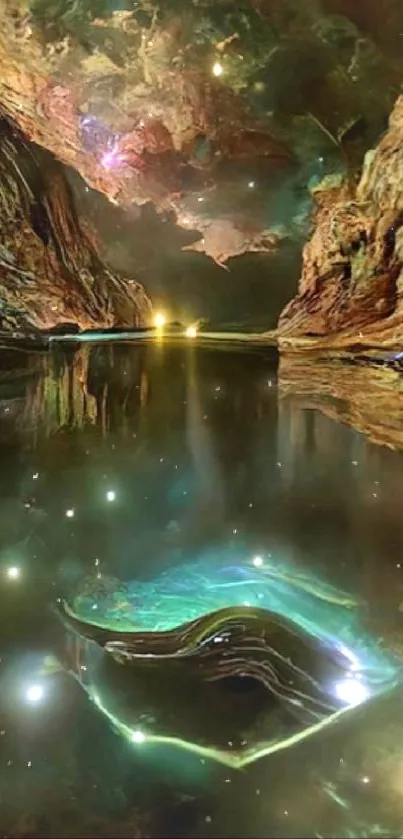 Ethereal cave with glowing stars and water reflection.