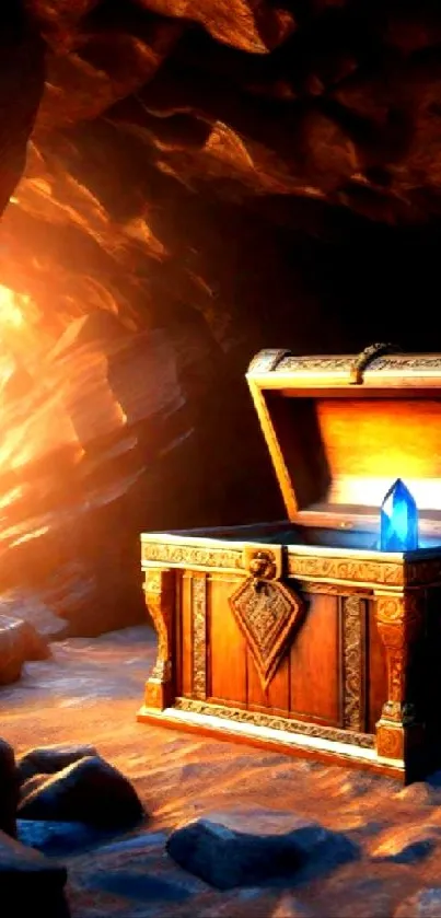 Open treasure chest in a mystical cave with golden light and blue crystal glow.