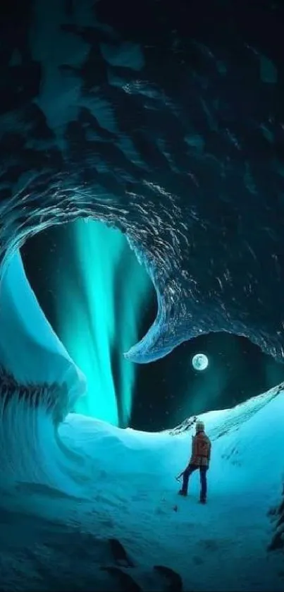 Person explores icy cave underneath glowing Northern Lights.