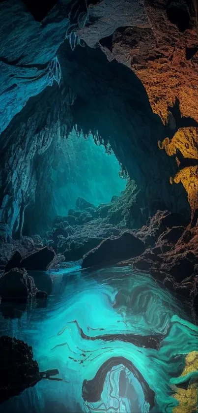 Mystical cave with vivid water reflections.