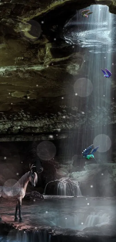Mystical cave with waterfall and vibrant birds on a phone wallpaper.