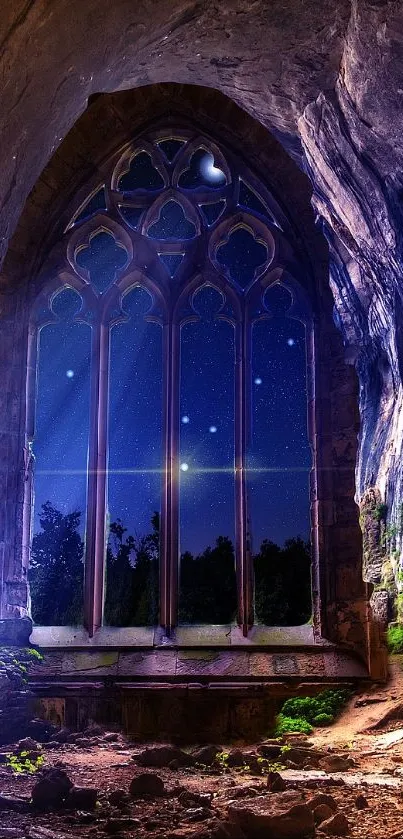 Man standing in cave with Gothic window and blue night sky.