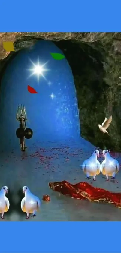 Mystical cave with doves and glowing symbols.