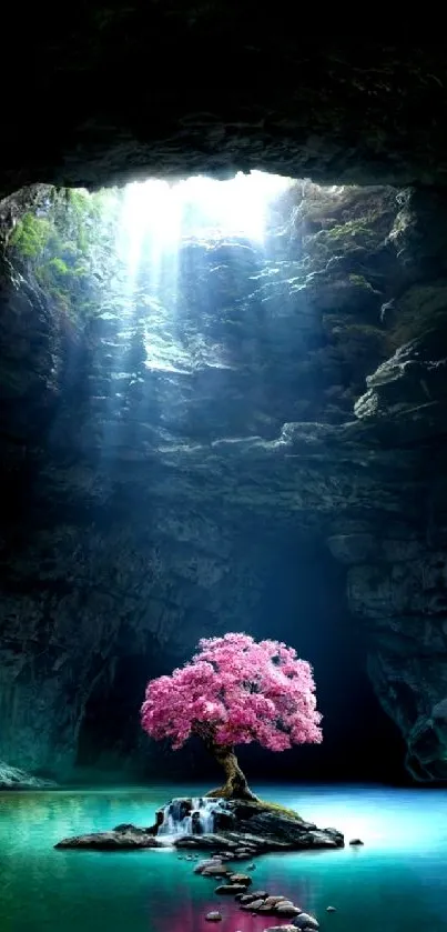 Mystical cave with a glowing pink tree in serene blue waters.