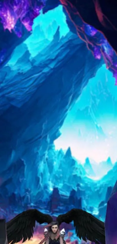 Mystical cavern fantasy wallpaper with neon blue and purple hues.