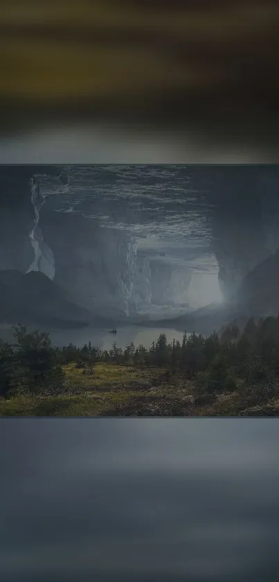 Mystical cavern landscape with forest and ethereal light for phone wallpaper.